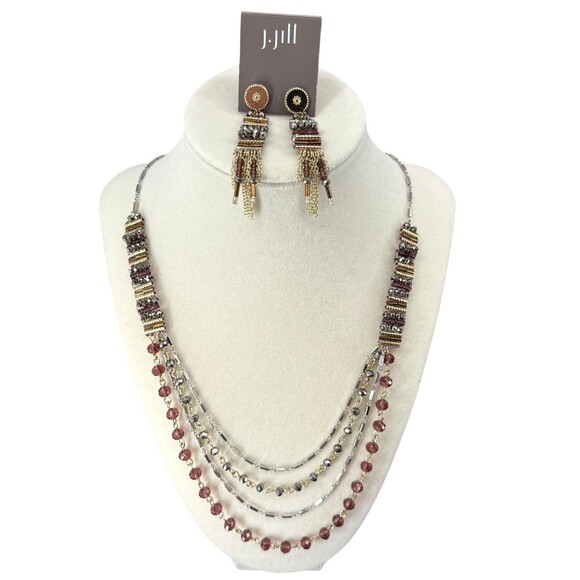 J. Jill Beaded Necklace Fringe Earrings Set Mixed Metal Faceted Iced Statement - Picture 5 of 15